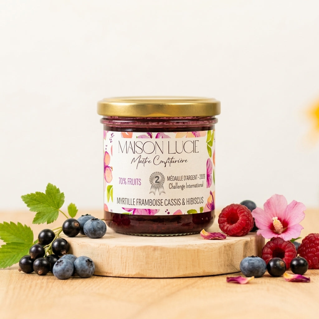 Confiture MYRTILLE FRAMBOISE CASSIS HIBISCUS 70% de fruits - Médaille d’Argent 2026 🥈
