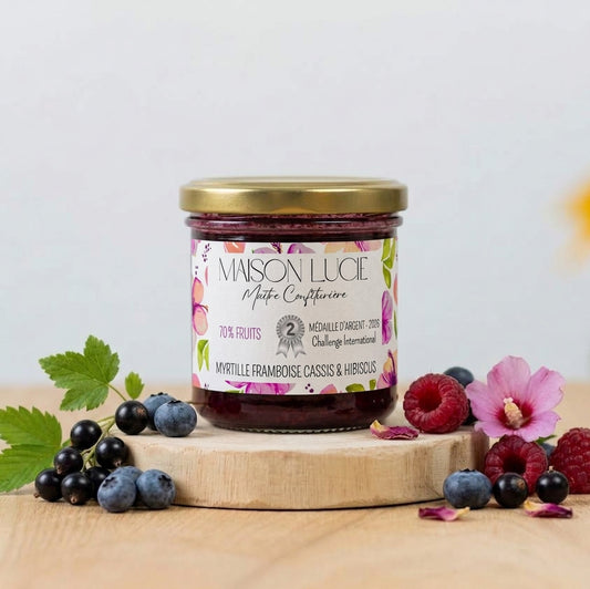 Confiture MYRTILLE FRAMBOISE CASSIS HIBISCUS 70% de fruits - Médaille d’Argent 2026 🥈